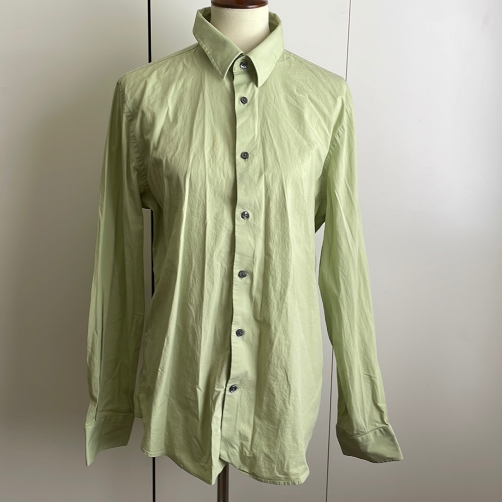 Light green button‎ down top by EXPRESS IMX, size Large Fitted Stretch Cotton